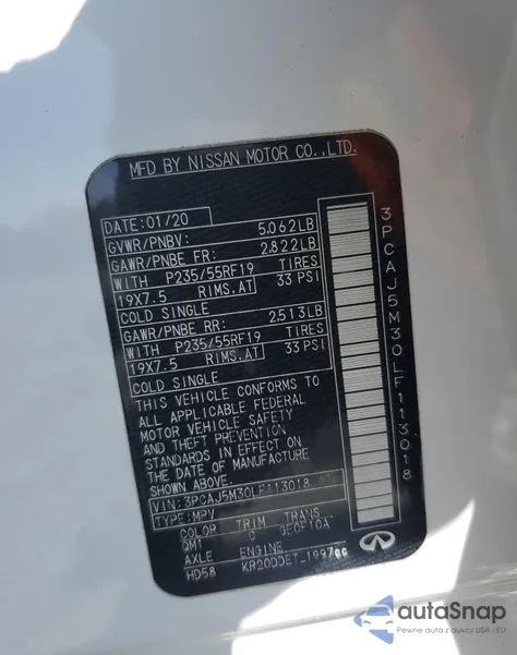 2020 Infiniti Qx50 Pure z USA, uszkodzony, nr VIN 3PCAJ5M30LF113018